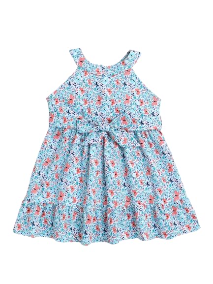 Image of The Magic Wand Kids Girls Printed Casual Dresses, Knee Length Singlet Strap Fit & Flared Cotton Once Piece Stylish Frocks for Summer Season