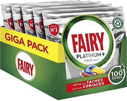 Fairy Platinum Plus Tout-en-1 Pastilles Lave-Vaisselle, 100 Tablettes (5 x 20) Citron, Défie les taches les plus Coriaces