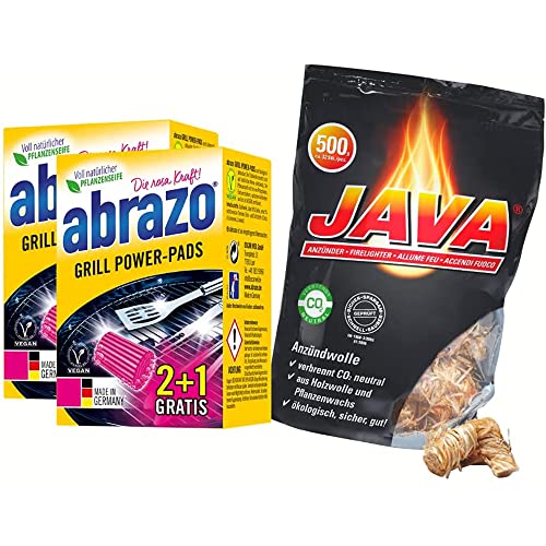 abrazo Grillreinigungs-Set - 6 Grillreiniger + 32 Java Grillanzünder - Kaminanzünder, Anzünder Holzwolle Wachs, Grill Reiniger für Reinigung v. Rost