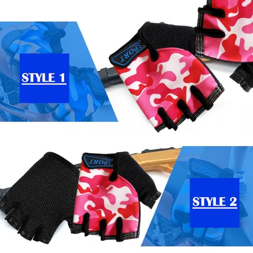 Mecmbj Kind Halb Finger Fahrradhandschuhe, Kinder Sport Handschuhe, rutschfeste Kindersporthandschuhe, zum Radfahren, Bootfahren, Yoga, Skaten, Klettern - rosa Tarnfarbe (Anwendbare Alter:6-12 Jahre)
