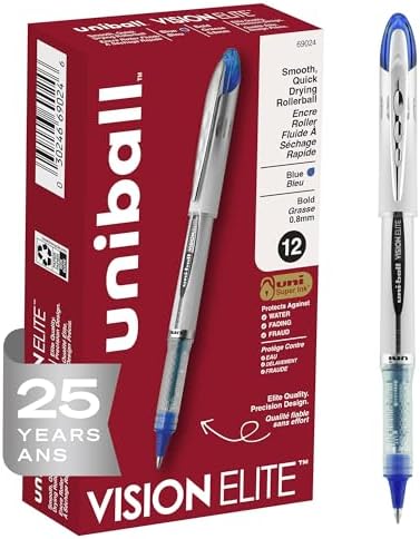 uniball Vision Elite Rollerball Pens, Bold Point (0.8mm), Blue, 12 Pack