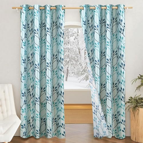 Amazon Brand - Solimo Polyester 75% Blackout Leaf Print Door Curtains|75% Room Darkening|7 Feet|Set of 2|Leaf Print Design|for Living Room Kids Room & Bedroom | Color- White & Blue| Light-Filtering