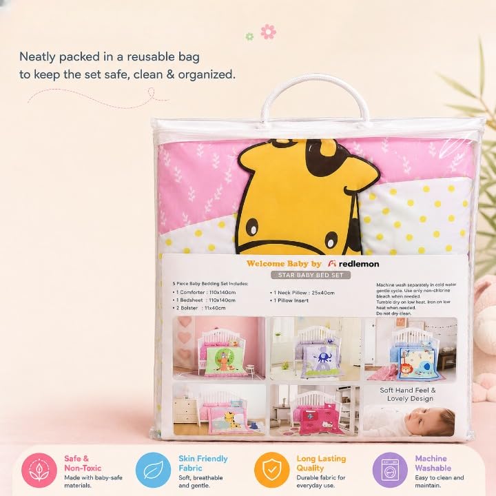 Image of Baby 5 pcs. Bedding Set | Reversible Comforter Blanket & Bedsheet Set for (0-5 Years) | Baby Crib Bedding Set (Light Pink)