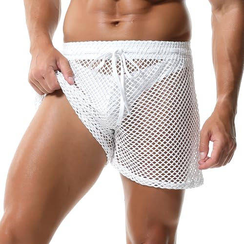Mens Fishnet Boxer Shorts See Through Mesh Loose Shorts Lounge Underwear Boxer Trunks3