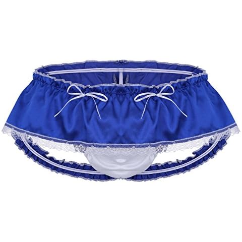 inlzdz Men's Sexy Ruffled Shiny Satin Lace Briefs Skirted Panties Sissy Maid Lingerie Underwear Blue X-Large Cover