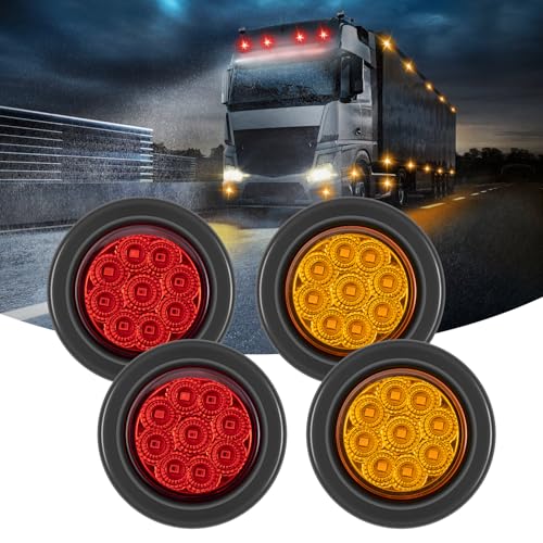 FXC 4Pack 2 Inch Round Truck Trailer LED Side Marker Clearance Lights 9 Diodes with Reflectors Waterproof 12V Side Fender Marker Light with Grommets and Wire Pigtail (Amber Red)