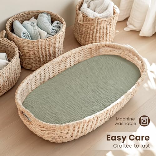 Image of Konssy 2 Pack Muslin Bassinet Sheets for Boys, Girls, 100% Cotton Soft Breathable Fitted Bassinet Mattress Sheet, 32 x 16 inches (Fog Green,Cream)