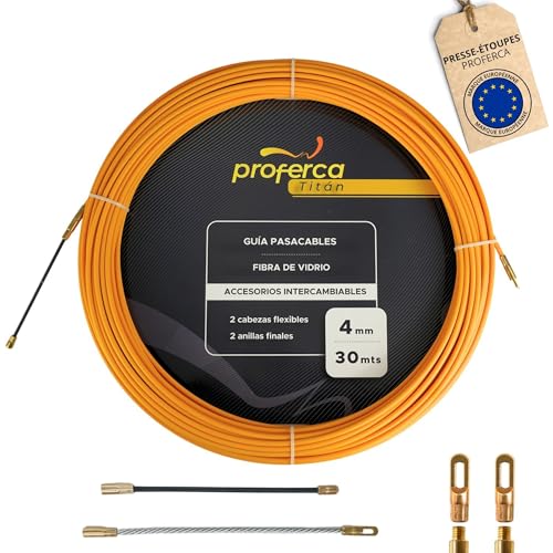 PROFERCA Aiguille Électricien Fibre de Verre 4mm 30 Mètres | Tire Fils Électrique | Tire Câble Robuste pour Électriciens | avec Têtes Interchangeables |...