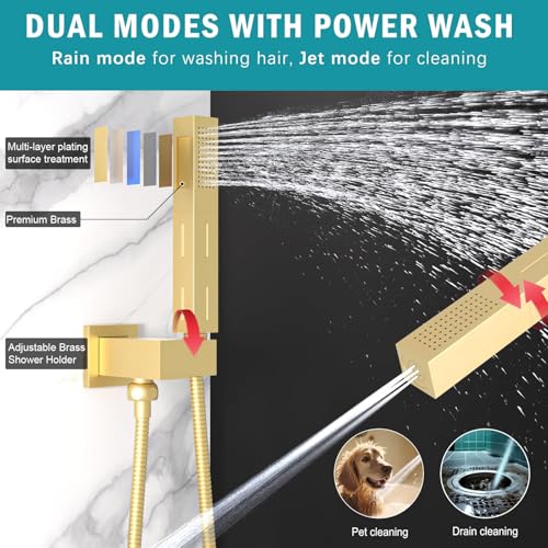 Sistema de Ducha Doble con Cabezal de Lluvia de 10 y 6 pulgadas y Rociador Manual 2 en 1 | Acabado en Dorado Cepillado, Válvula de Latón con Derivador de 3 Funciones, Montaje en Techo miniatura 5