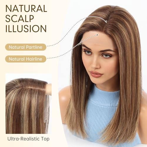 Image of KKU 100% Human Hair Wig, Lace Front Wigs Human Hair Side Part,Brown Mixed Blonde Wig Human Hair, Real Human Hair Wigs for Women(16Inch)