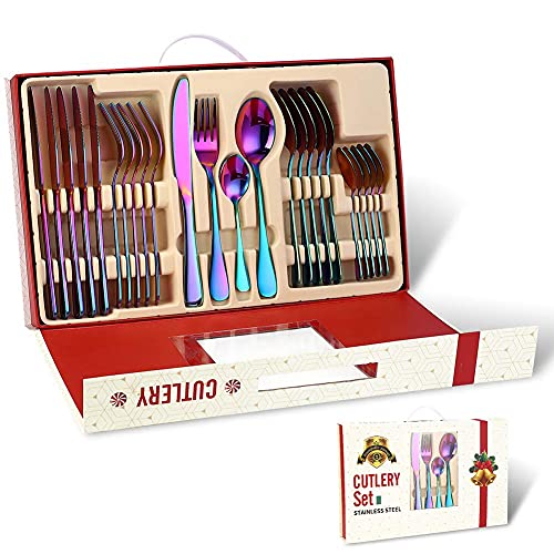 Juego de cubiertos de acero inoxidable (6 unidades), de primera calidad, de acero inoxidable apto para uso alimentario, elegante y duradero. Incluye cuchillos, tenedores y cucharas (24 piezas colorida