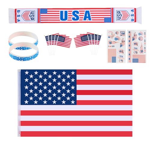America fan cheering set, outdoor cheering football matches,10 HandHeld Stick Flag, 1 America Flag 3x5 Feet for Outside, 2 tattoo stickers, 2 fan bracelets, bar fan gatherings (American)