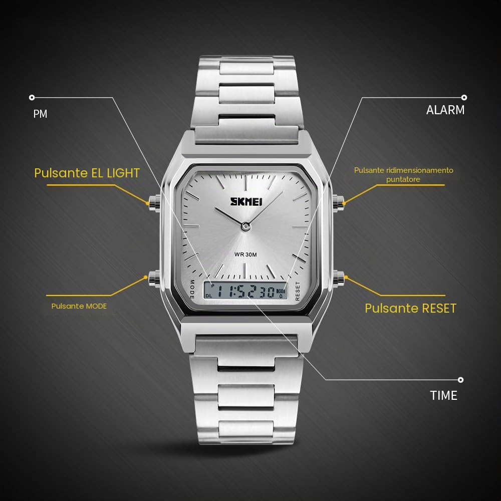 Orologio da polso unisex impermeabile militare analogico digitale con cronografo a LED cronografo in acciaio inox Medium