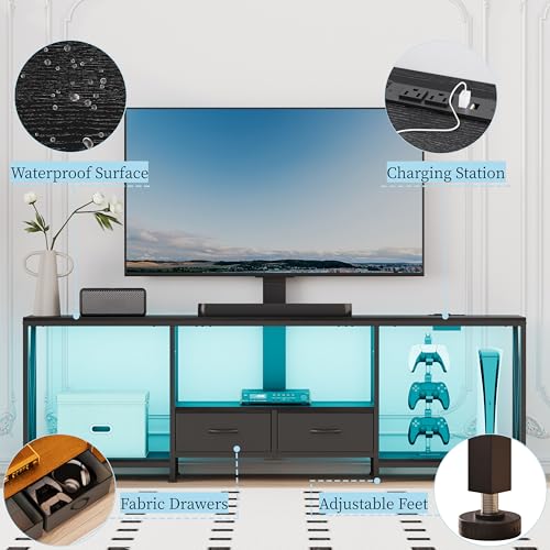 Image of 63 inch W TV Stand with Mount for 50,55,65,75 inch TV,Entertainment Center with Power Outlet and Led Lights,Height Adjustable TV Console Table with Open Storage Shelves and Fabric Drawers (Black)
