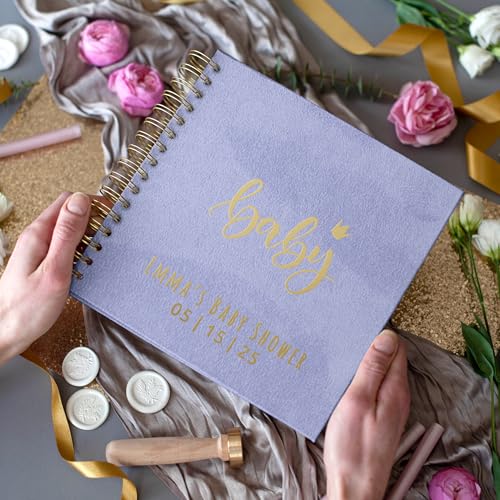 Image of Personalized Baby Shower Guest Book Polaroid Boy Girl First Birthday Custom Scrapbook to Sign with Instax Photos Fits 4x6 or 5x7 Pictures Baby's First Keepsake (Lavender, Small - 8.3x8.3 inch)