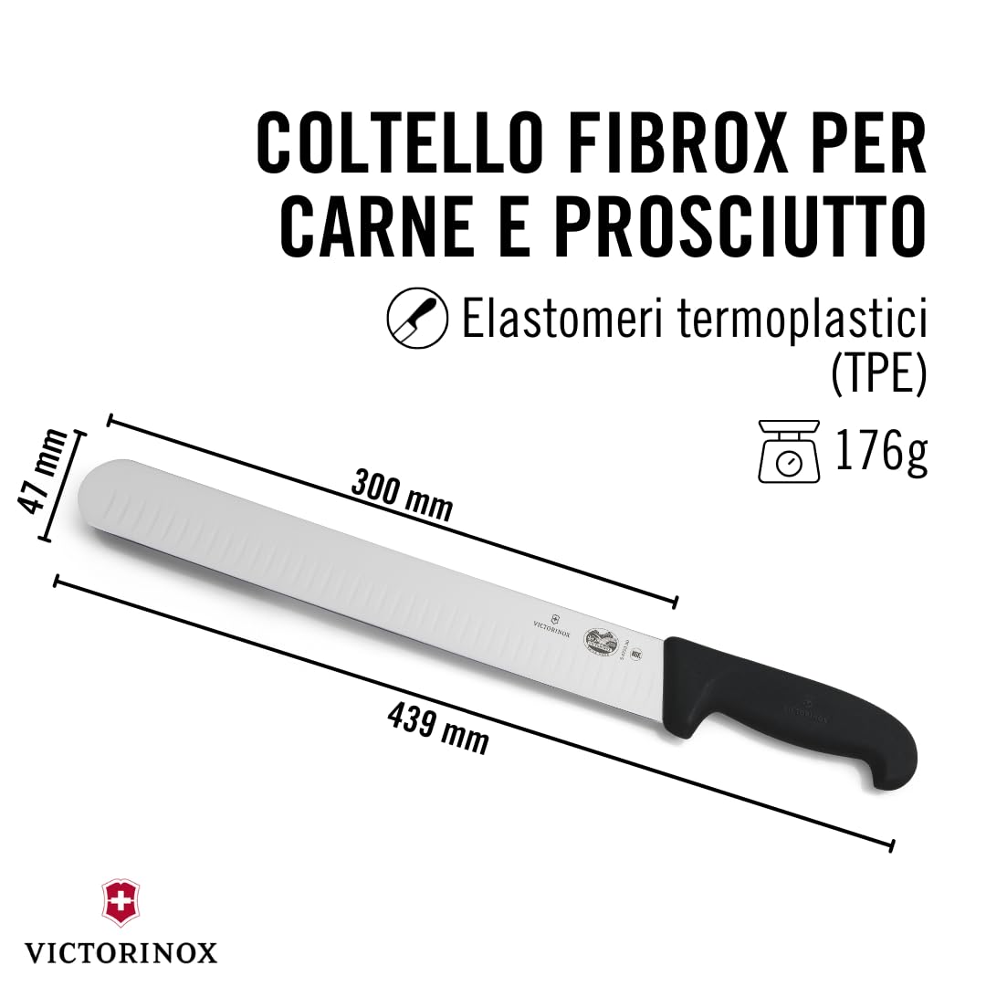 Victorinox Fibrox, Coltello Prosciutto con Lama Alveolata, Coltello da Cucina Affilato per Carne e Prosciutto, 30 cm, Lama Dritta, Acciaio Inossidabile, Nero