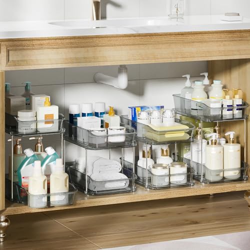 Image of Delamu 2-Tier Under Sink Organizers and Storage, Multi-Purpose Stackable Bathroom Cabinet organizers, Pull Out Kitchen Pantry Organization and Storage with Dividers(4 Pack, Grey)