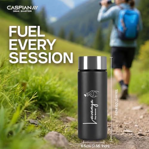 Image of Caspian H2O Customised Stainless Steel Water Bottle 500ml,Black with Logo Print - Personalised Water Bottle with Your Name Print for Kids Boys Girls School Office Gym- Perfect for Corporate Gifting