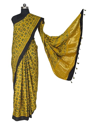 Image of Ethnics of Kutch Womens Ajrakh Modal Silk Natural Dye Golden Border Hand Block Print Saree with Blouse Piece - 5.5 Mtr Length (Yellow 05C01B)