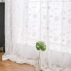Cortina De Tela Para Comedor MIULEE Cortinas Bordadas Transparentes para Salon Visillo Moderno de Habitacion Dormitorio Cortinas Translucidas con Ojales para Ventana Comedor Cocina 2 Unidades 140x145cm Flor Blanco