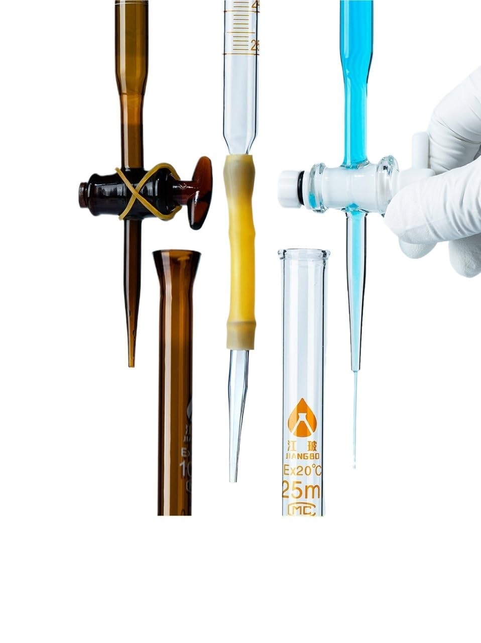 Bürette Klasse A mit PTFE-Hahn, Präzisions-Titrationsröhrchen für Säuren & Laugen, 10ml 25ml 50ml, Bernstein/Klar(Blue white lines acidic 50ml)