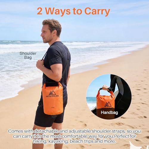 Image of Waterproof Dry Bag 500D PVC Roll Top Dry Sack with 3 Carrying Ways, Lightweight Waterproof Bag for Kayaking, Swimming, Boating, Paddle Boarding, Hiking, Beach (Orange, 2L)