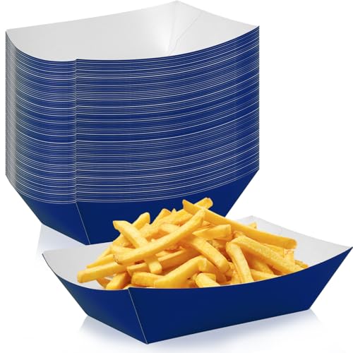 48 Pcs Blue Paper Food Tray Sturdy Disposable Food Boats Nacho Plates Disposable Serving Snack Trays for Catering, Party Birthday Supplies, and Food Service (Blue)
