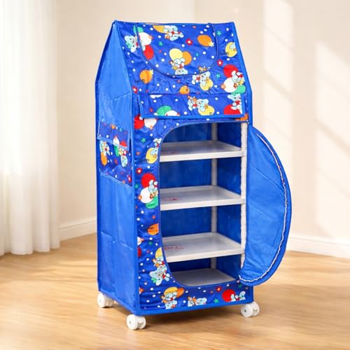 Image of Multipurpose Baby Wardrobe Organizer with 4 Shelves | Baby Clothes Organizer & Storage | Baby Almirah /Almera Plastic Cupboard for Clothes, Foldable (Unbreakable Material) | Royal Blue