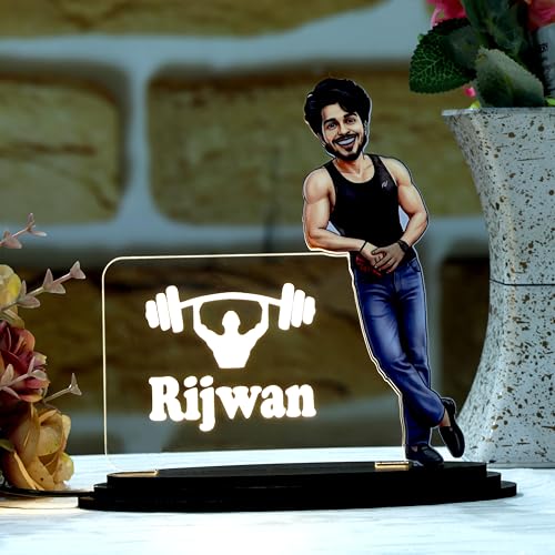 Image of customized gift for men - Bodybuilder Caricature with LED Acrylic Name Plate, Gym Sando Style Personalized 3D Standee.