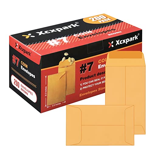 Xxcxpark 200PCS #7 Coin Envelopes 3.5×6.5 inches Brown Kraft...