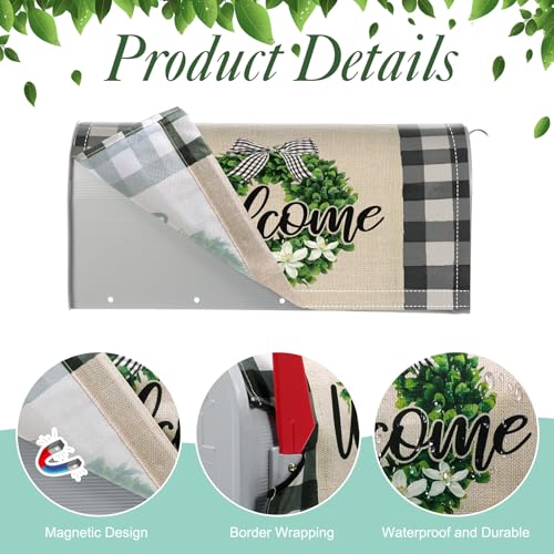 Image of Tiamon Summer Plaid Mailbox Covers Magnetic Eucalyptus Welcome Letter Box Wrap Standard Size 21x18 Inch Spring Wreath Mailbox Decor Plaid Post Box Decoration for Outdoor Garden Yard