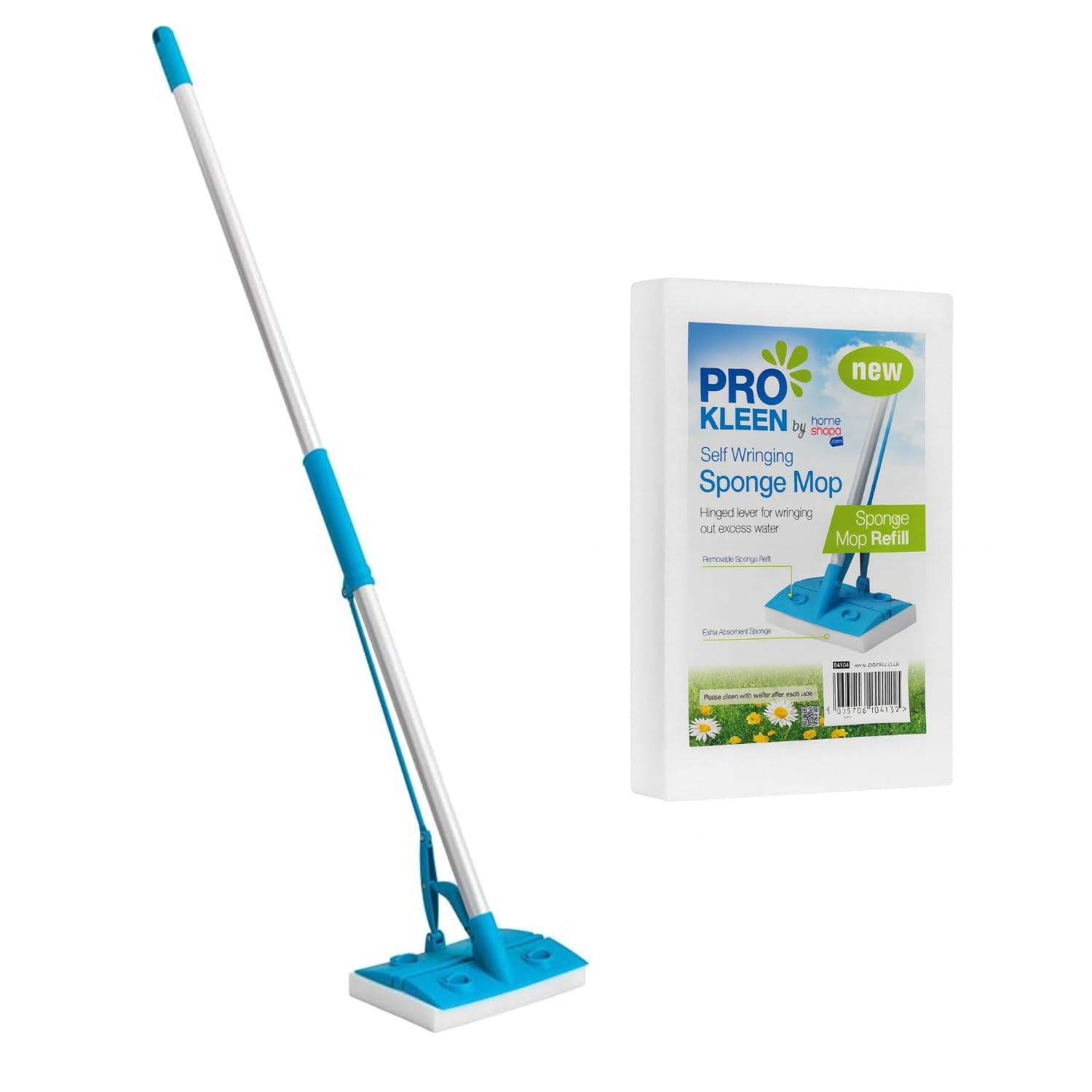 HOMESHOPA Self Wringing Sponge Mop With 1 Pack Refill, Flat Floor, Long Handle Hard Floor Cleaning, Super Absorbent, Lightweight, Non-Abrasive