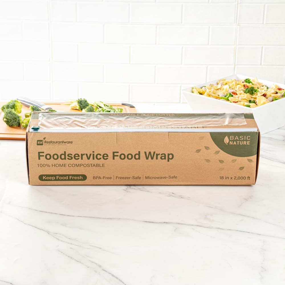 Restaurantware Basic Nature - Envoltura de alimentos de 18 pulgadas x 2000 pies, 1 envoltura adhesiva para microondas, con cortador deslizante integrado, plástico transparente congelable, envoltura de