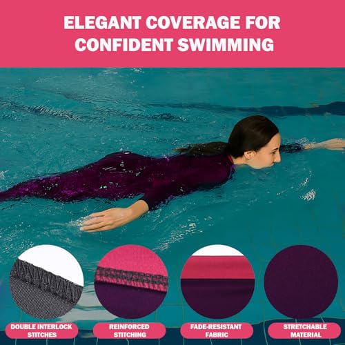 Image of Hacer Frock Style Swimwear with Padde Full Sleeve Bodysuit Swimming Costume Full-Length One Piece Swimsuit for Pool Beach Women (S, 32, Wine)