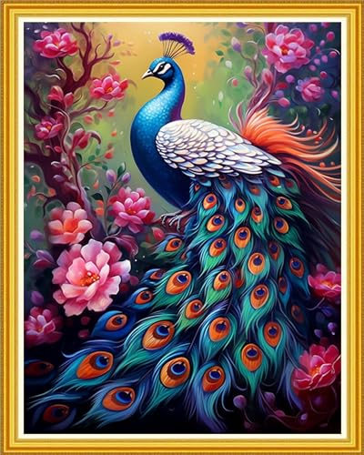 Image of DMCVIVR Stamped Cross Stitch Kits for Beginners Adults Needlepoint Kits for Beginners Embroidery Kits for Adults Crossstitch Kit for Beginners 11CT-Peacock Flowers 16x20 inch