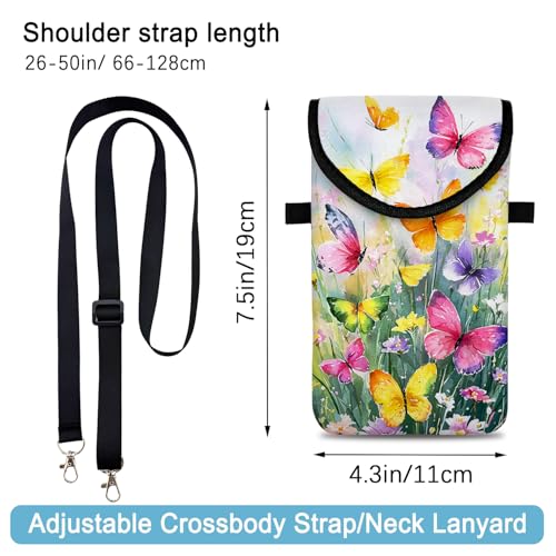 Image of Neoprene Cell Phone Sleeve Pouch Case Bag with Crossbody Strap Neck Lanyard for Women 7.5 X 4.3 in Flower Butterfly