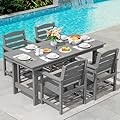 SERWALL Modern Patio Dining Set, 5-Piece Rectangular HDPE Dining Table with Umbrella Hole & 4 Chairs, Grey