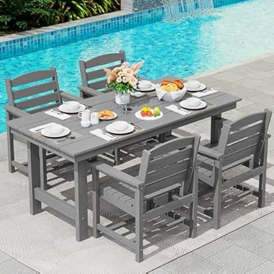 SERWALL Modern Patio Dining Set, 5-Piece Rectangular HDPE Dining Table with Umbrella Hole & 4 Chairs, Grey