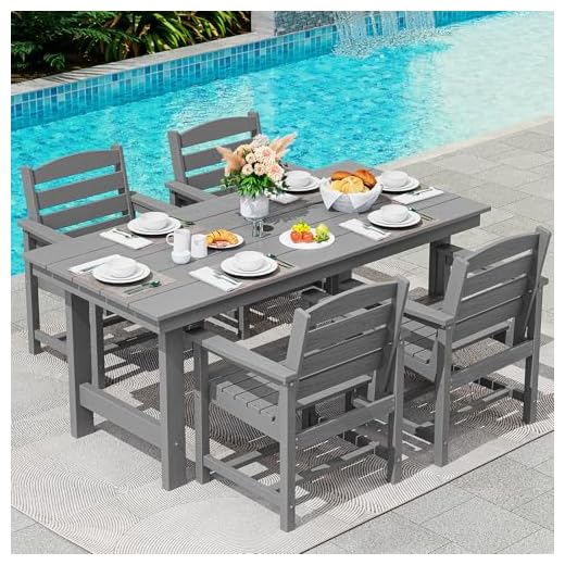 SERWALL Modern Patio Dining Set, 5-Piece Rectangular HDPE Dining Table with Umbrella Hole & 4 Chairs, Grey