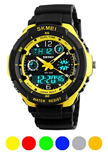 ATNKE Multi Function Digital Watch, 50M Waterproof Sport LED Alarm Stopwatch Child Quartz Wristwatch for Kids and Adult/Yellow shell/Adult