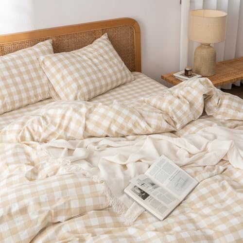 Image of BESTOUCH Gingham Cotton Duvet Cover Set Almond Grey Twin | Washed Cotton, Linen Feel, Soft Wrinkle Texture, Hidden Zipper, 8 Ties, Breathable Lightweight Durable Comfy, 2 Pcs No Insert