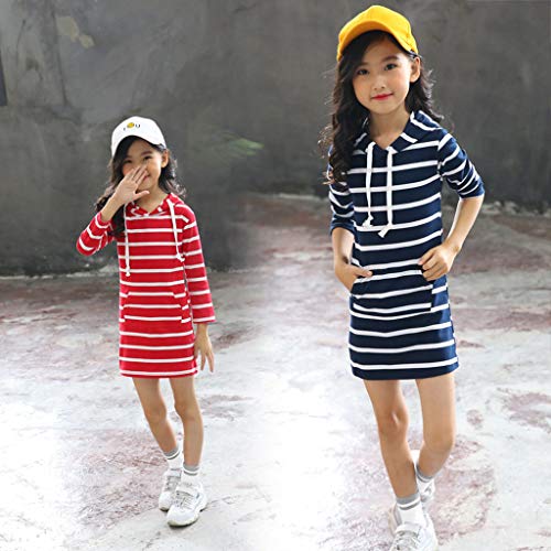 Teen Kids Girls Long Sleeve Stripe Slim Pencil Skirt Hooded Princess Dress White Dress for Girls (Navy, 7-9 Years)4