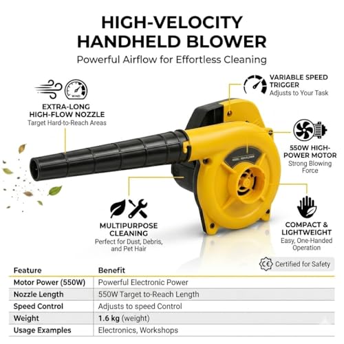 Image of Electric Air Blower, 550W Blower Machine with 11000 RPM No Load Speed Yellow and Black,5 Meter Wire, for Dust Cleaning,