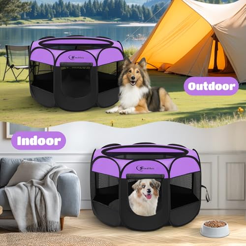 Image of Siedihit Large Dog Playpen, Puppy Pet Playpen Indoor, Dogs Tent Crates Cage Indoor /Outdoor, Portable Pop Up Dog Kennel Playpen with Carrying Case for Dogs /Cats /Rabbits, Purple