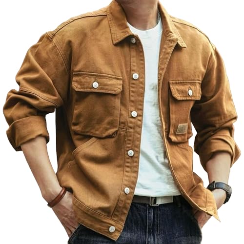 Chaqueta vaquera con solapa sólida para hombre, estilo camionero, casual, con botones frontales, vaquera, manga larga, vaquera, marrón, M