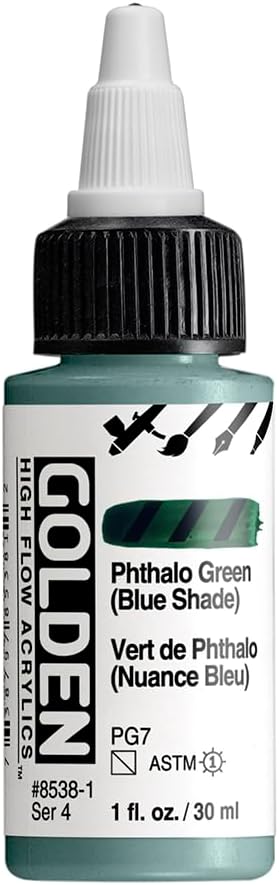 GOLDEN High Flow Acrylics, Phthalo Green (Blue Shade), 1 fl. oz. Bottle, Professional Acrylic Paint, Semi-Transparent