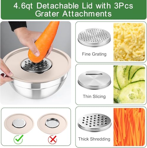 Image of 5-Piece Mixing Bowls with Lids, 3 Grater Attachments, Stainless Steel Salad Bowls for Kitchen, Size 4.6, 3.5, 2.5, 2, 1.5QT Ideal for Baking, Non-Slip Bottoms, Mixing and Serving, Khaki