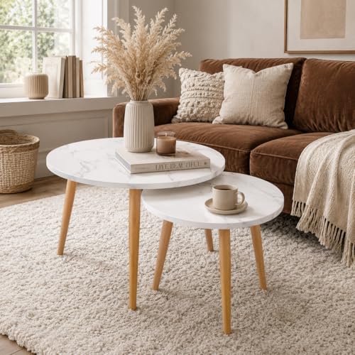 Image of Round Nesting Coffee Table Set of 2, Marble Finish Top, Wooden Legs, for Living Room (White)