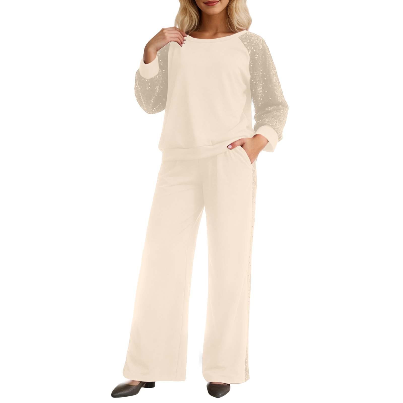 Tuta da jogging da donna con paillettes, a maniche lunghe, con tasche, alla moda, 2 pezzi, girocollo, felpa e pantaloni da jogging, set da due pezzi