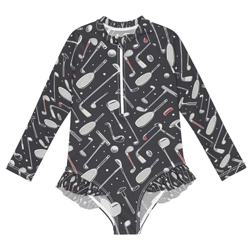 ALAZA Golf Club Black Girls One Piece Swimsuit Long Sleeve Rash Guard Swimsuits UV 50+ Swimwear Zipper
